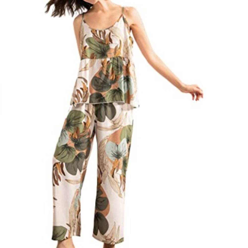 WDIRARA 2 pcs Sleepwear Leaf Print Cami and Pants Pajama Set